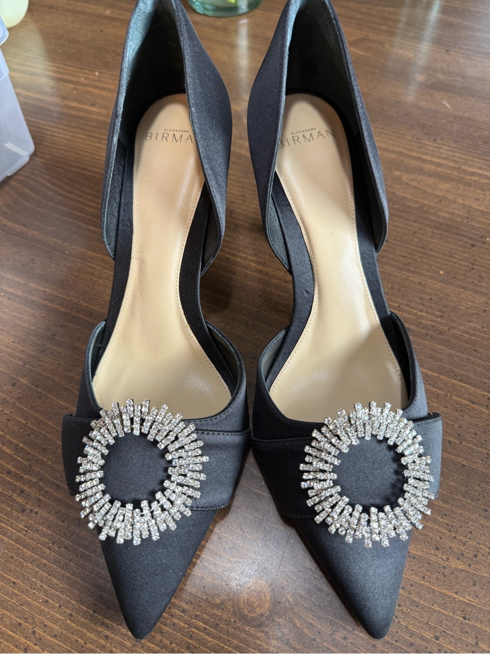 Alexandre Birman Madelina Black Satin Heels with Crystal Buckle  Size 8.5 39